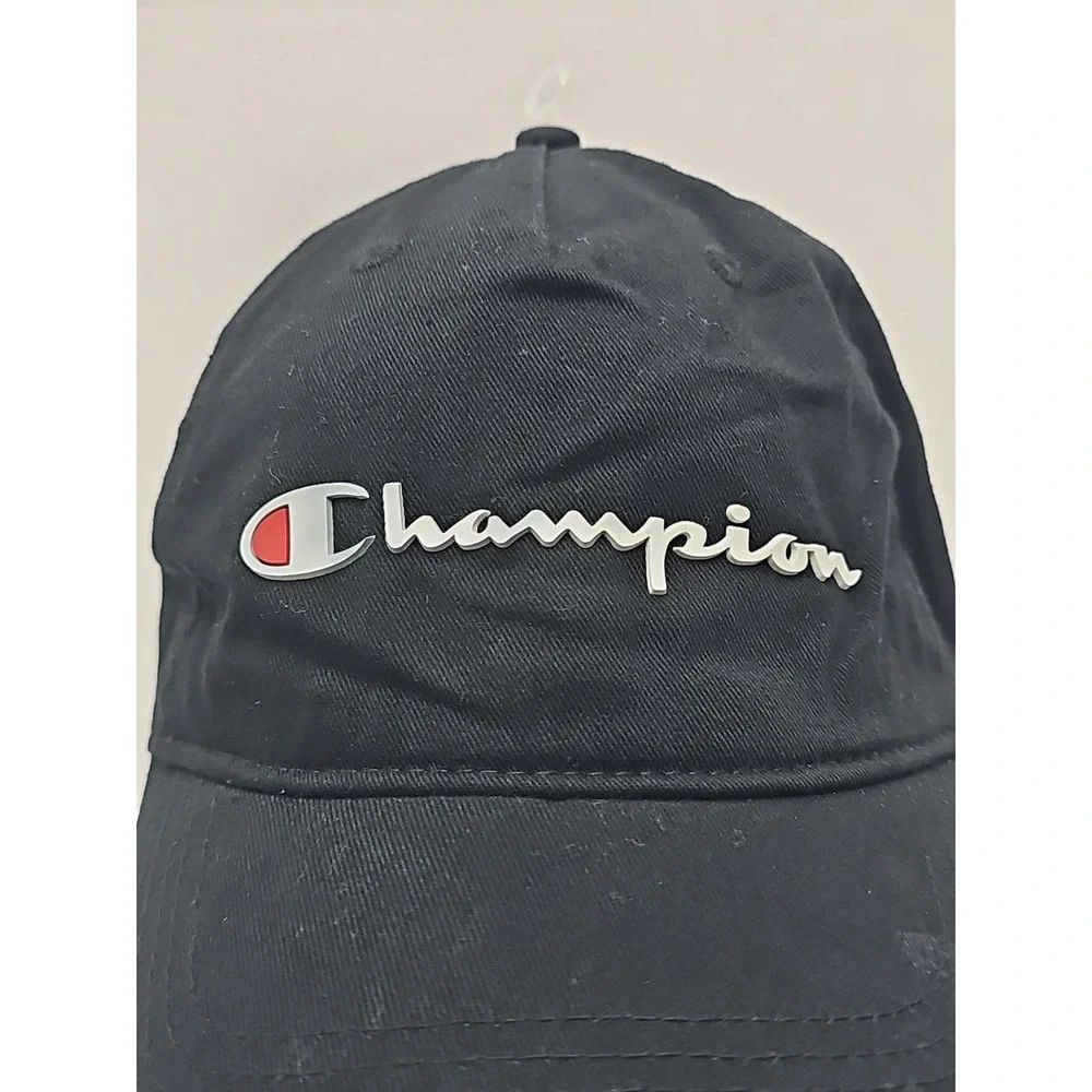 Champion Hat Cap Strap‎ Back Adjustable Spellout Script Logo Baseball Hat Black